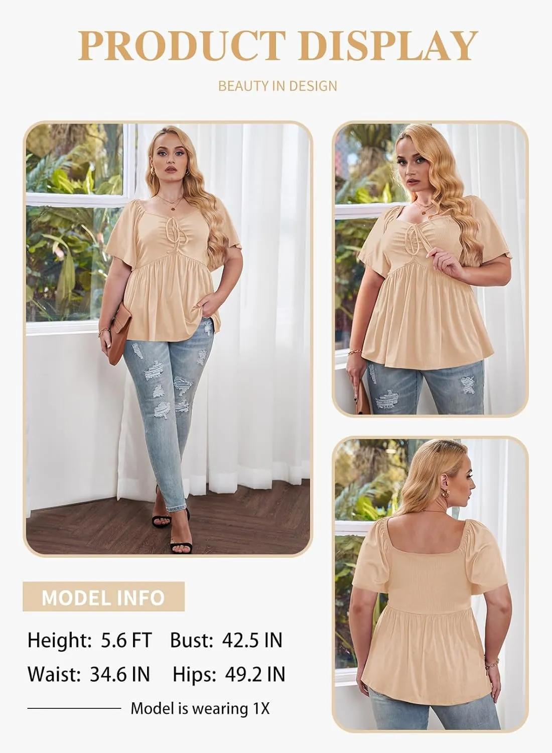 Eytino Women Plus Size Sweetheart Neck Short Sleeve Shirred Peplum Blouse Tops Shirts(1X-5X)
