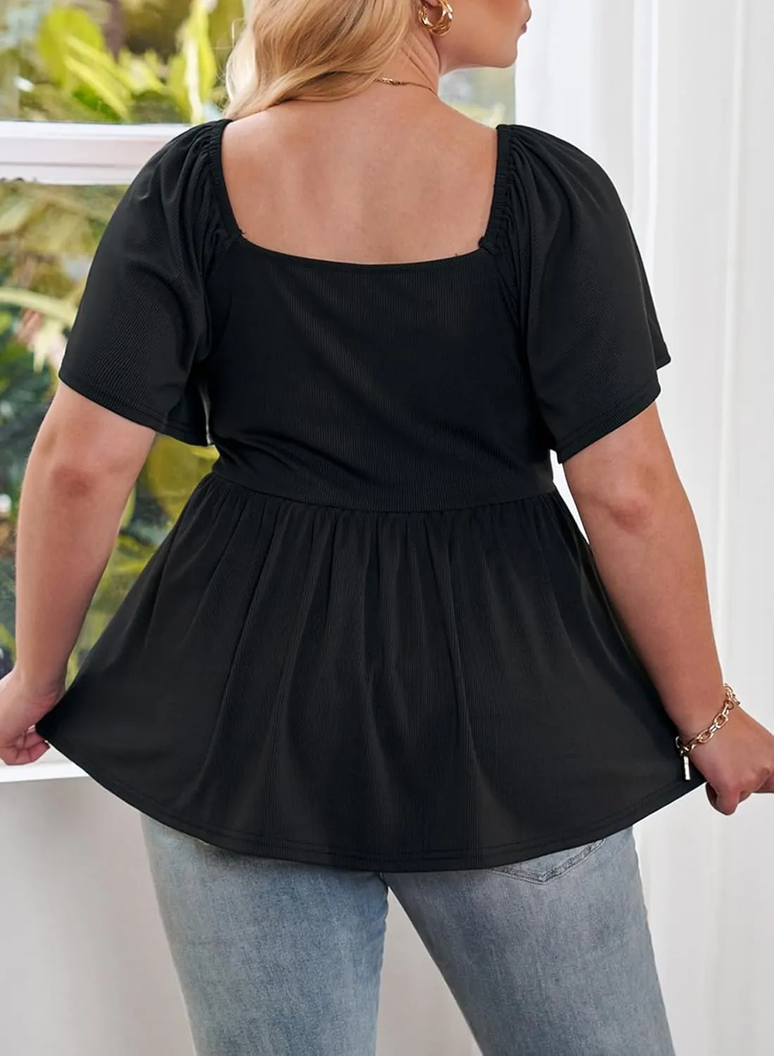 Eytino Women Plus Size Sweetheart Neck Short Sleeve Shirred Peplum Blouse Tops Shirts(1X-5X)