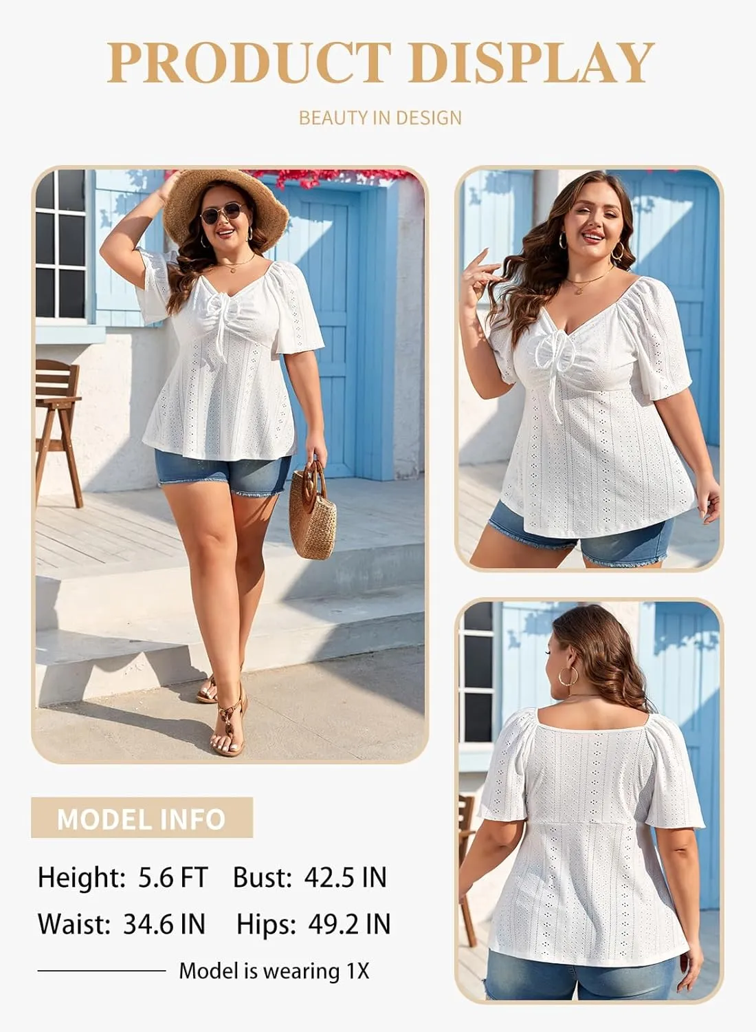 Eytino Womens Plus Size Tops Sweetheart Neck Short Sleeve Eyelet Embroidery Summer Loose Peplum Shirts(1X-5X)