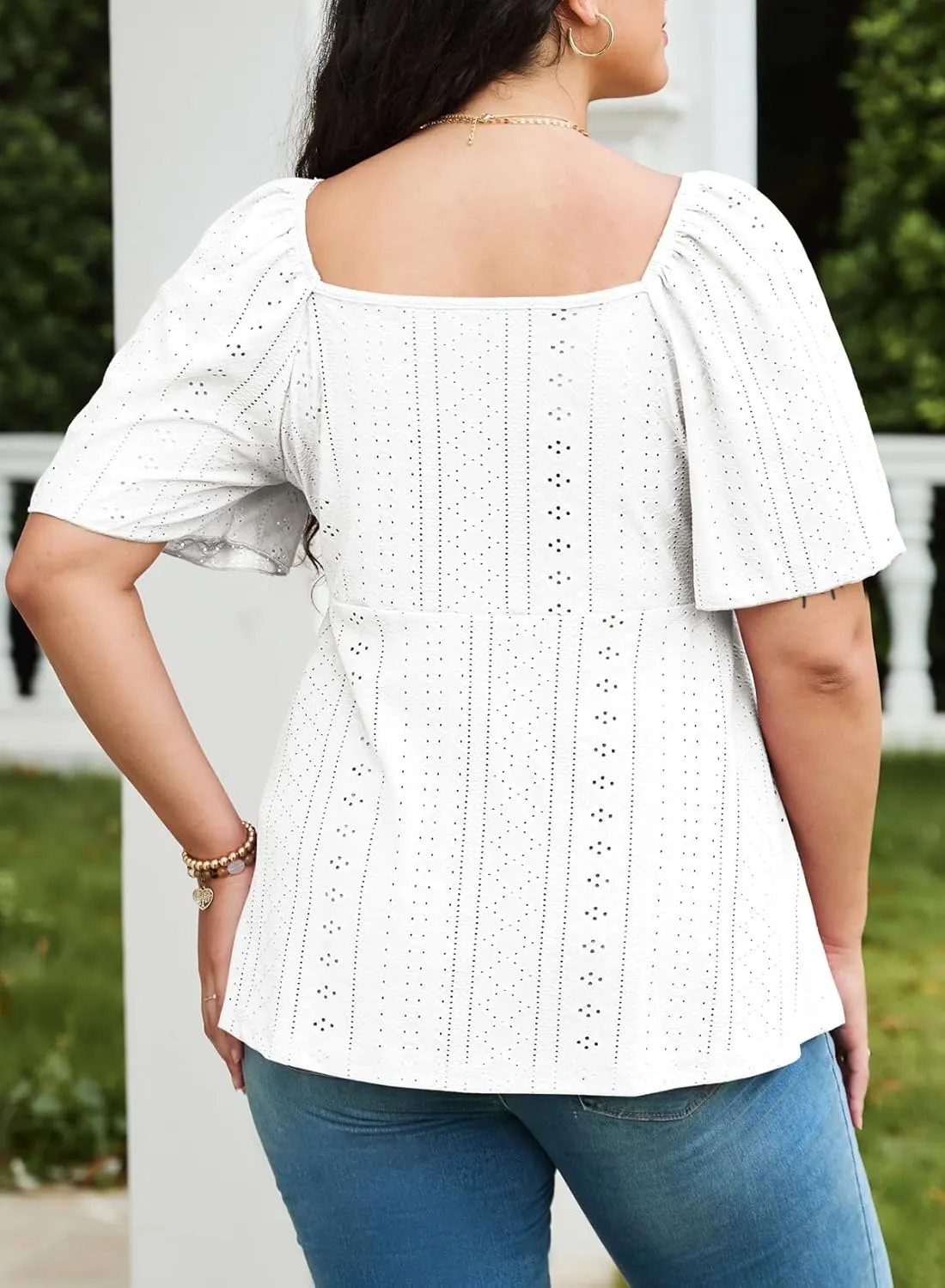 Eytino Womens Plus Size Tops Sweetheart Neck Short Sleeve Eyelet Embroidery Summer Loose Peplum Shirts(1X-5X)