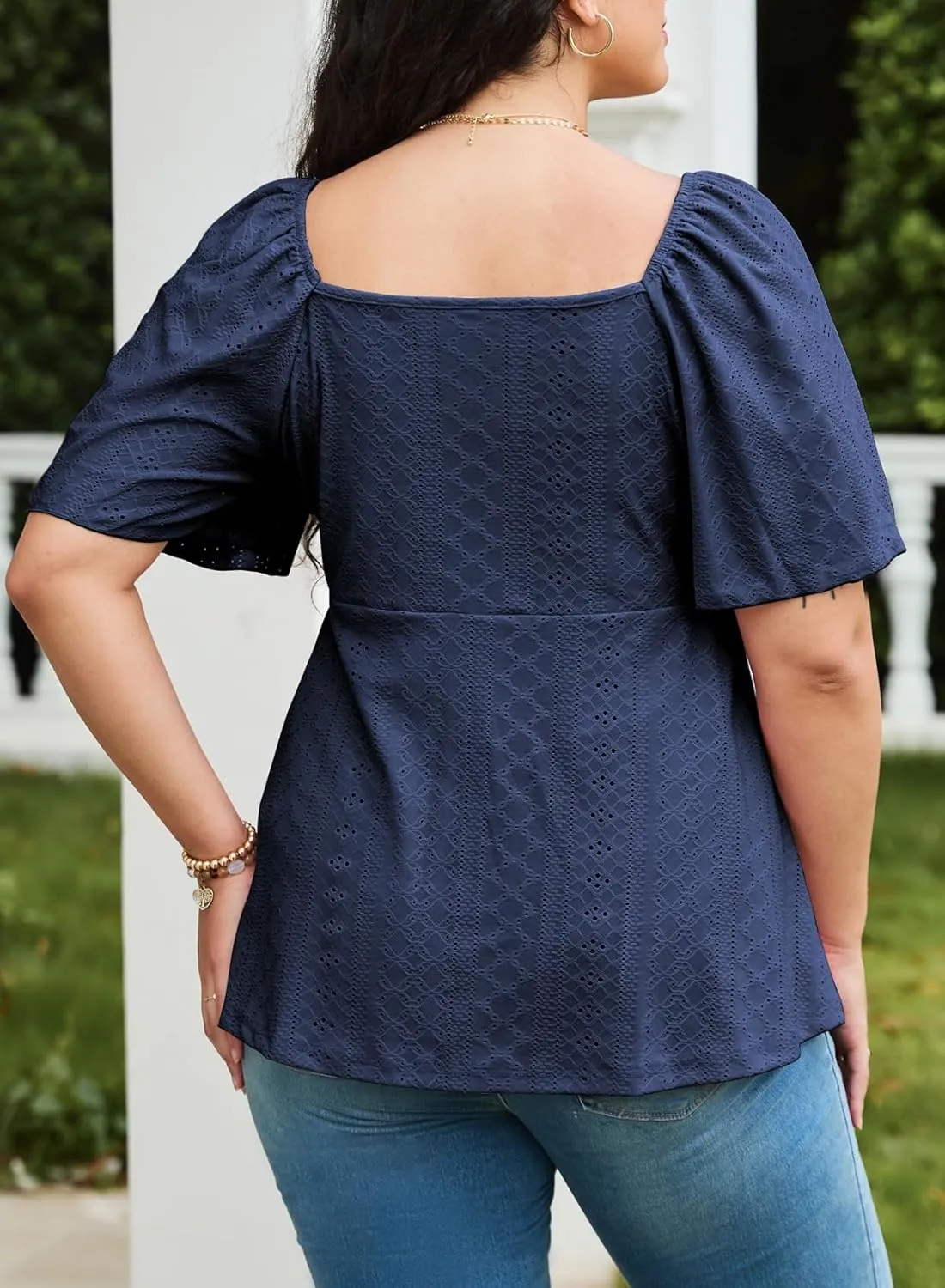 Eytino Womens Plus Size Tops Sweetheart Neck Short Sleeve Eyelet Embroidery Summer Loose Peplum Shirts(1X-5X)