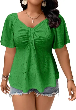 Eytino Womens Plus Size Tops Sweetheart Neck Short Sleeve Eyelet Embroidery Summer Loose Peplum Shirts(1X-5X)