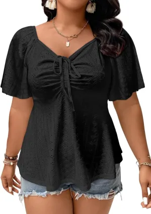 Eytino Womens Plus Size Tops Sweetheart Neck Short Sleeve Eyelet Embroidery Summer Loose Peplum Shirts(1X-5X)