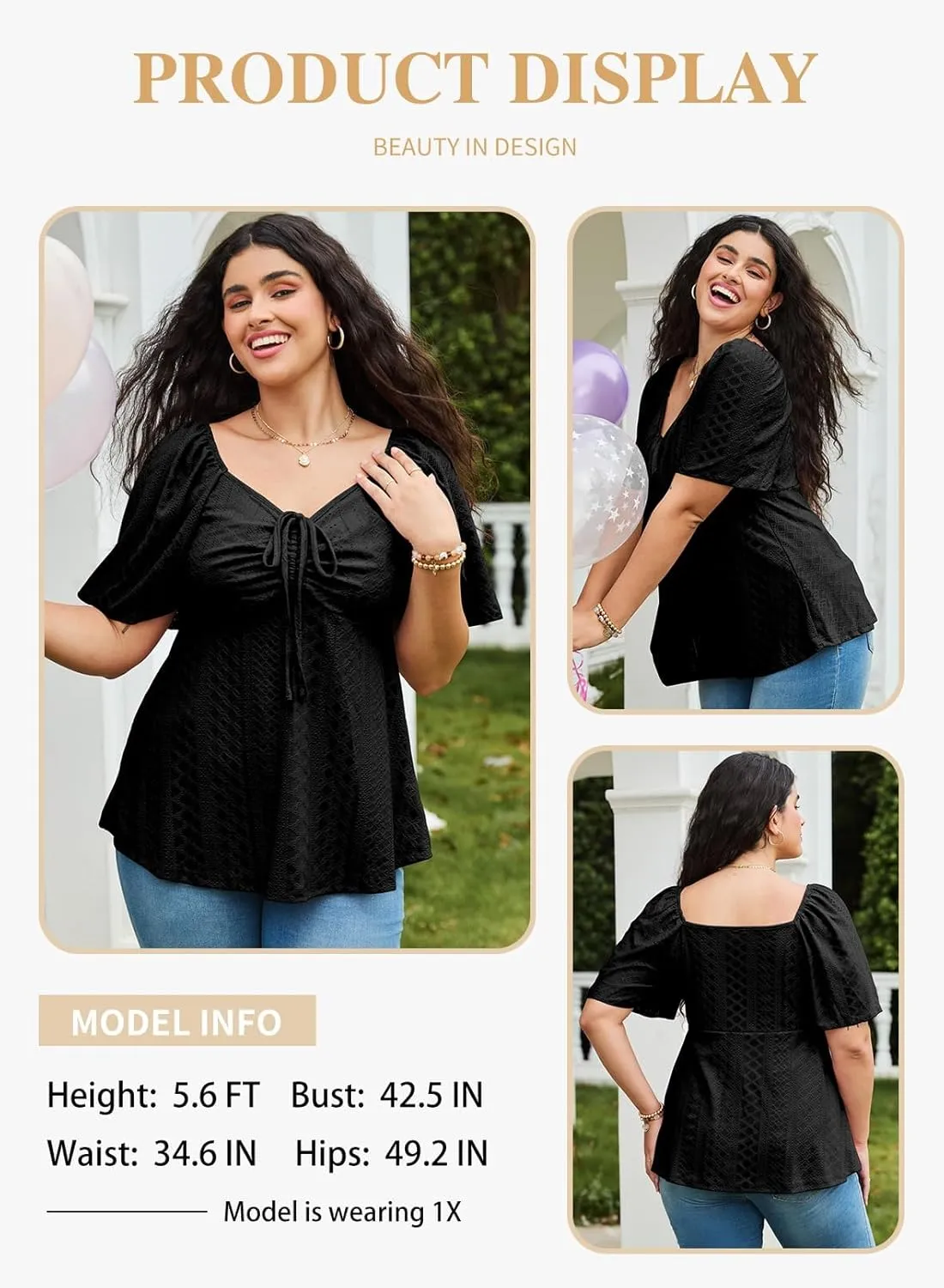 Eytino Womens Plus Size Tops Sweetheart Neck Short Sleeve Eyelet Embroidery Summer Loose Peplum Shirts(1X-5X)