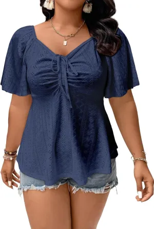 Eytino Womens Plus Size Tops Sweetheart Neck Short Sleeve Eyelet Embroidery Summer Loose Peplum Shirts(1X-5X)