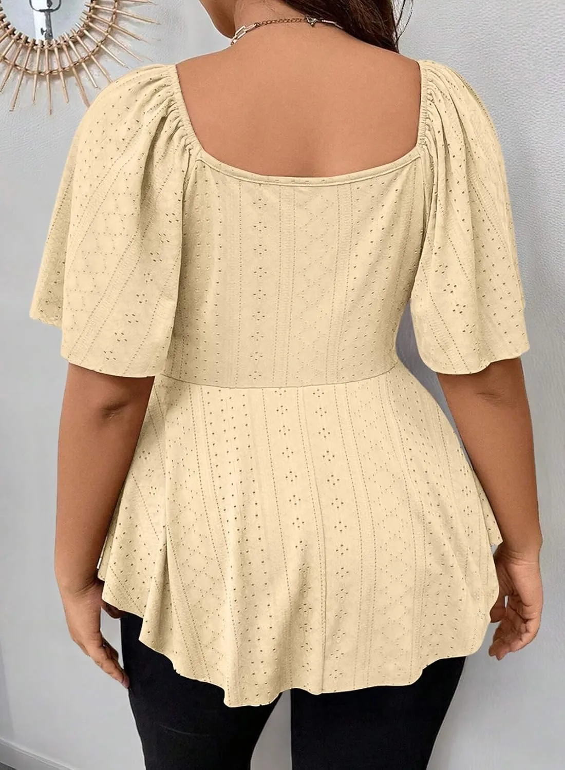 Eytino Womens Plus Size Tops Twist Front V Neck Short Sleeve Eyelet Embroidery Summer Loose Blouse Shirts(1X-5X)