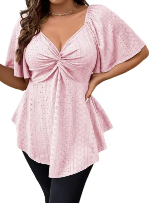 Eytino Womens Plus Size Tops Twist Front V Neck Short Sleeve Eyelet Embroidery Summer Loose Blouse Shirts(1X-5X)
