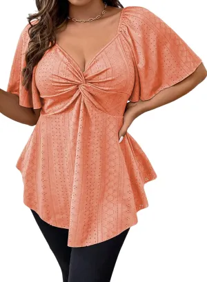 Eytino Womens Plus Size Tops Twist Front V Neck Short Sleeve Eyelet Embroidery Summer Loose Blouse Shirts(1X-5X)