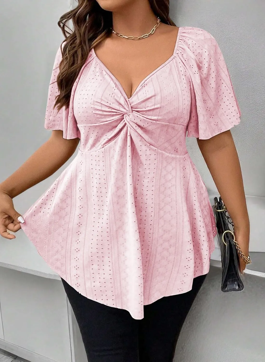Eytino Womens Plus Size Tops Twist Front V Neck Short Sleeve Eyelet Embroidery Summer Loose Blouse Shirts(1X-5X)
