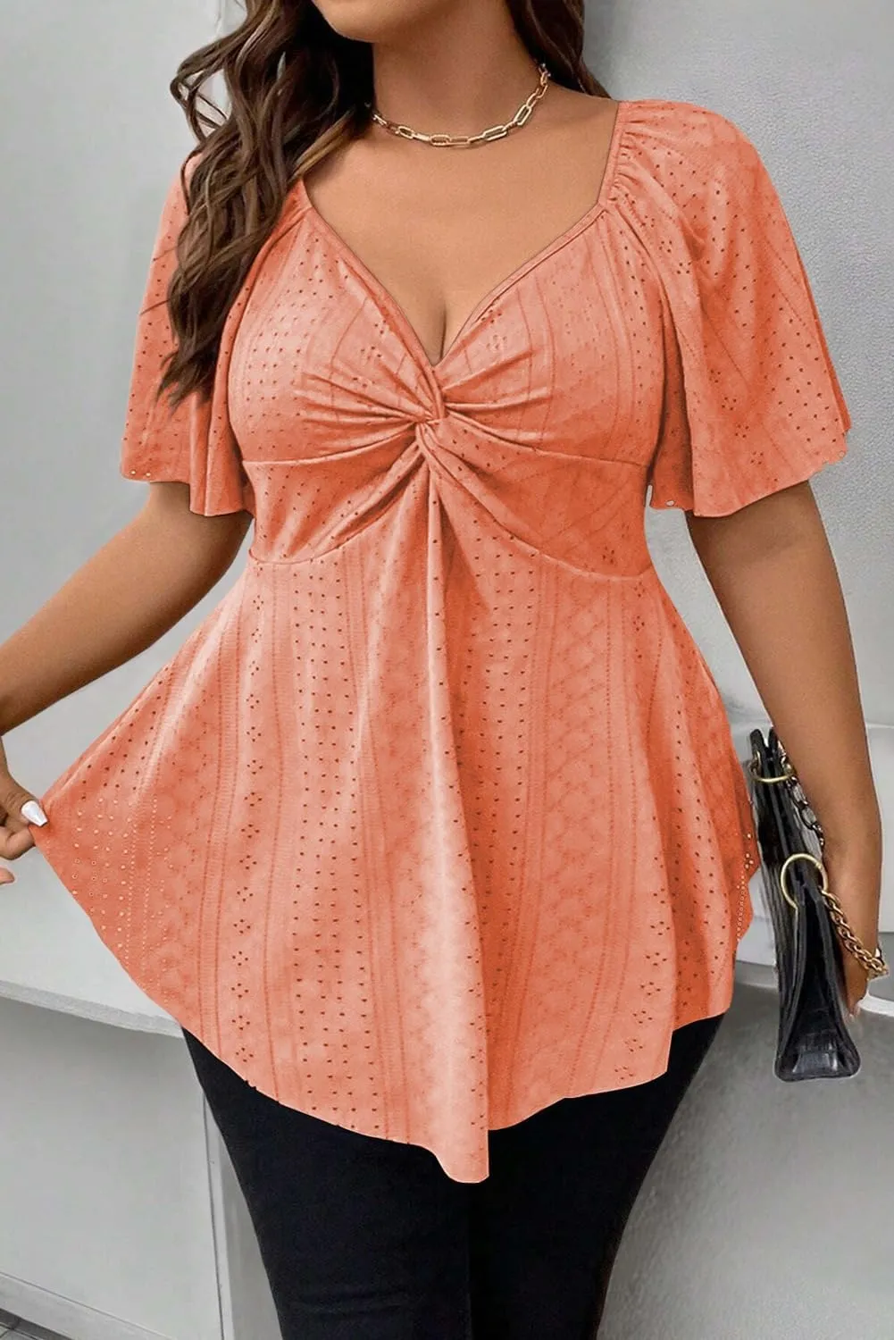 Eytino Womens Plus Size Tops Twist Front V Neck Short Sleeve Eyelet Embroidery Summer Loose Blouse Shirts(1X-5X)