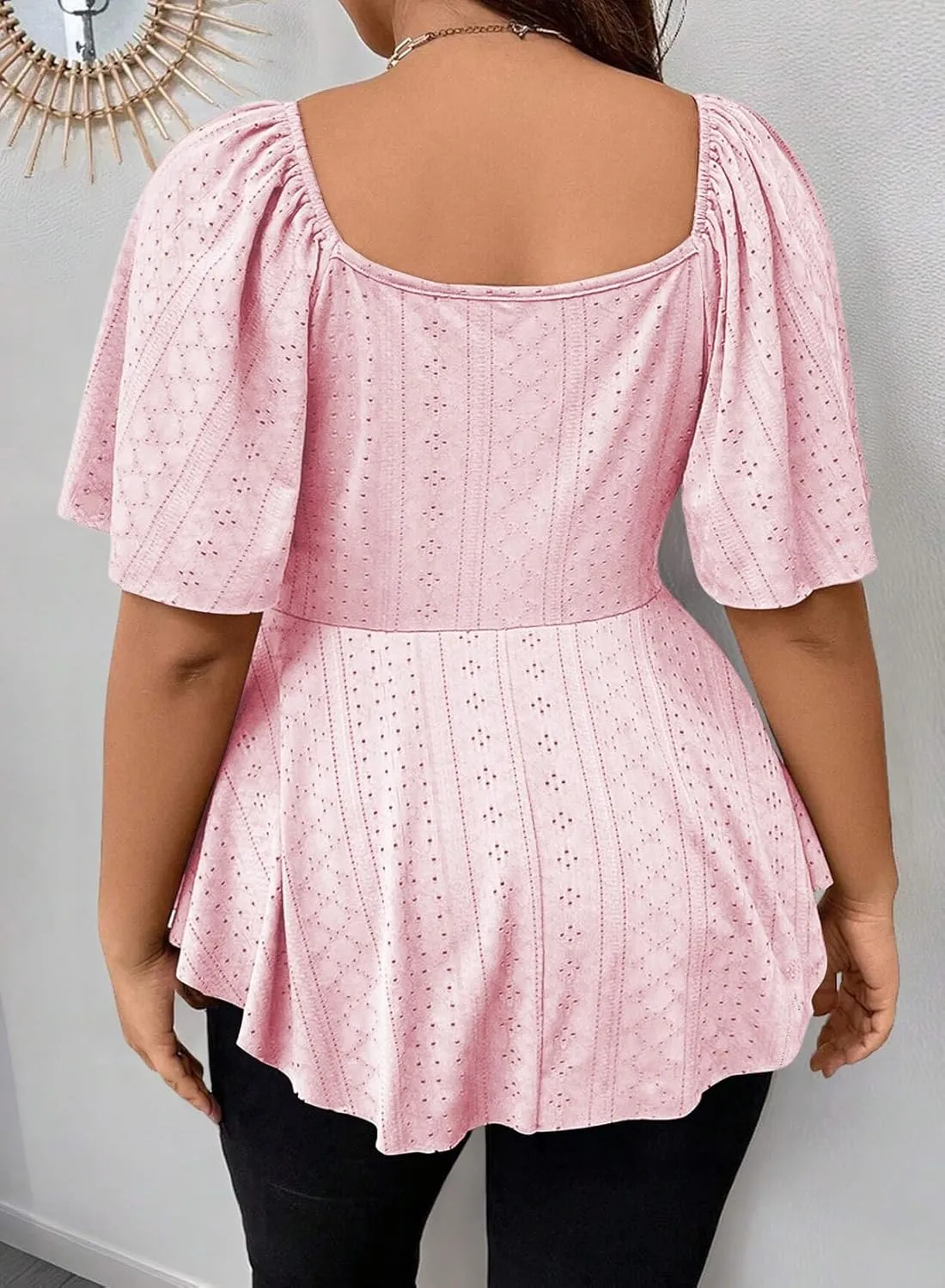 Eytino Womens Plus Size Tops Twist Front V Neck Short Sleeve Eyelet Embroidery Summer Loose Blouse Shirts(1X-5X)