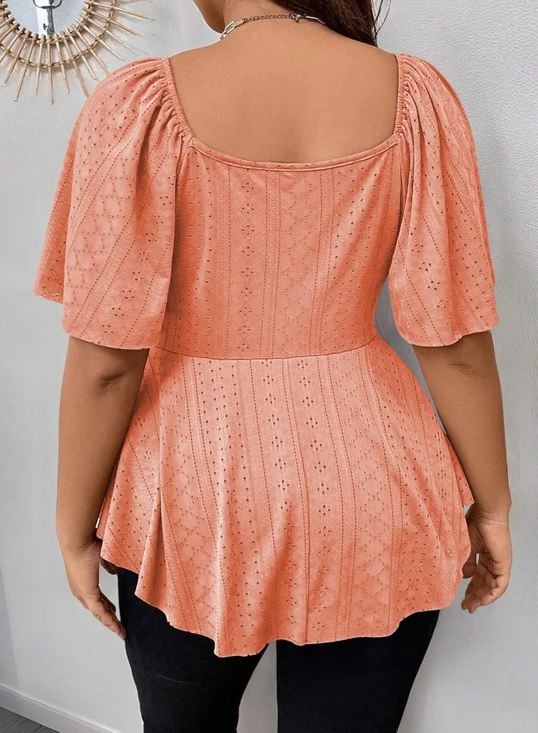 Eytino Womens Plus Size Tops Twist Front V Neck Short Sleeve Eyelet Embroidery Summer Loose Blouse Shirts(1X-5X)
