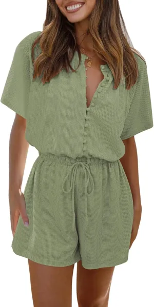 Fixmatti Short Sleeve Romper One Piece Button Up Jumpsuits for Women Summer Shorts Rompers