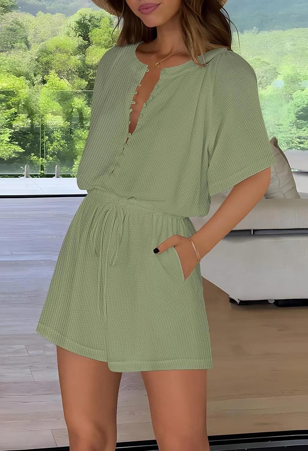 Fixmatti Short Sleeve Romper One Piece Button Up Jumpsuits for Women Summer Shorts Rompers