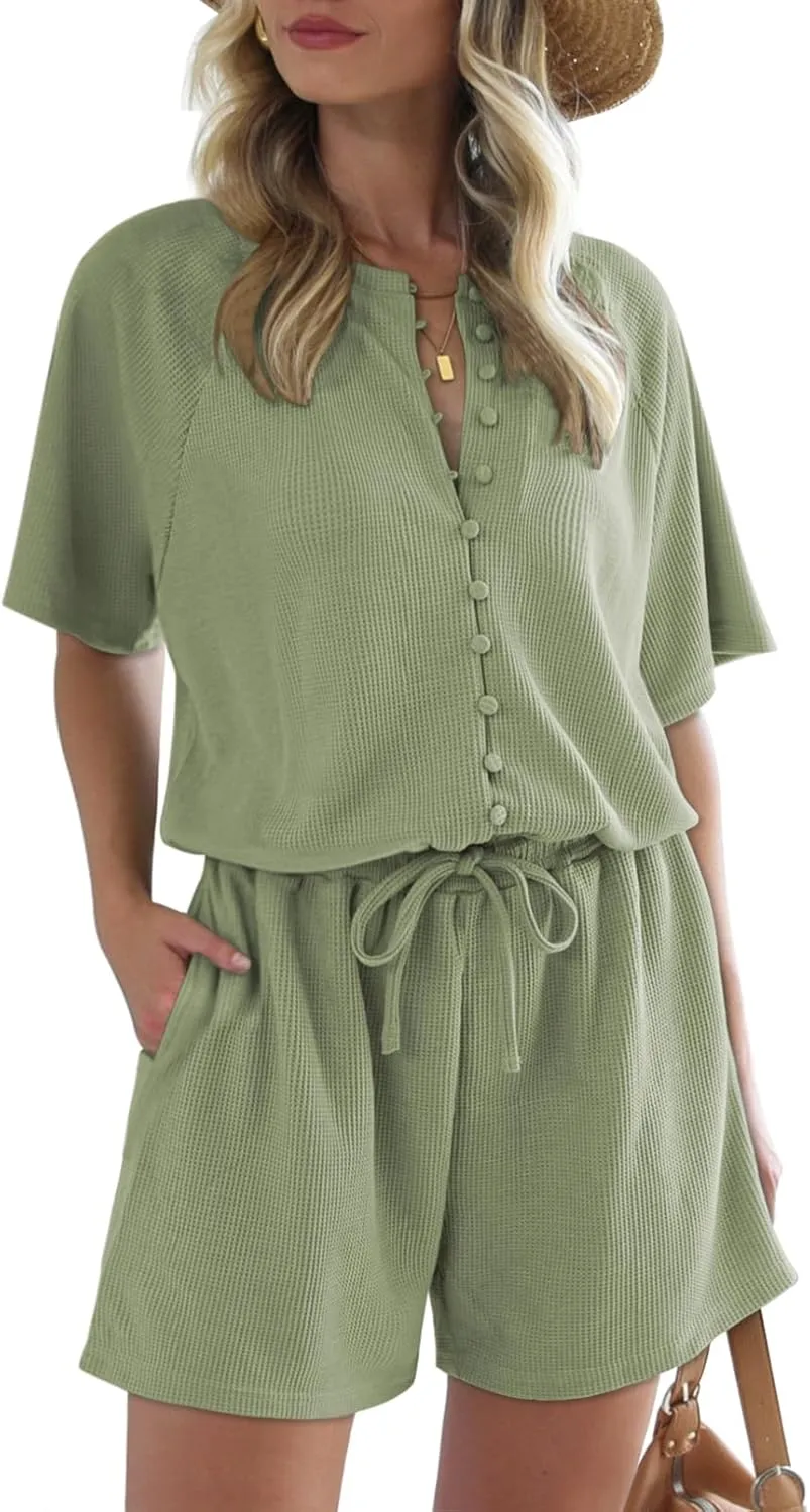 Fixmatti Short Sleeve Romper One Piece Button Up Jumpsuits for Women Summer Shorts Rompers