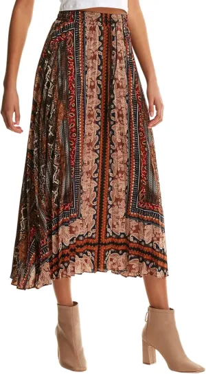 Floerns Women's Boho Elastic Waist Scarf Print Pleated Midi Skirt Multi Scarf S