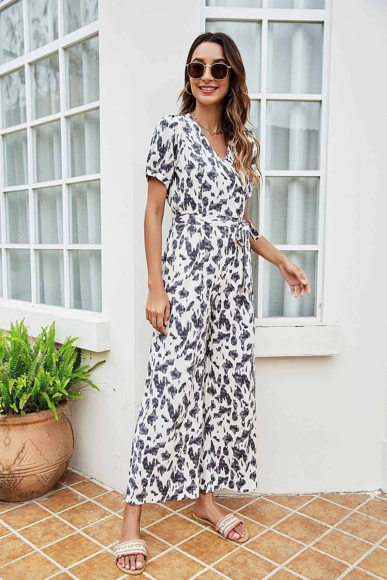 Floral Print Tie-Front High Waist Jumpsuits
