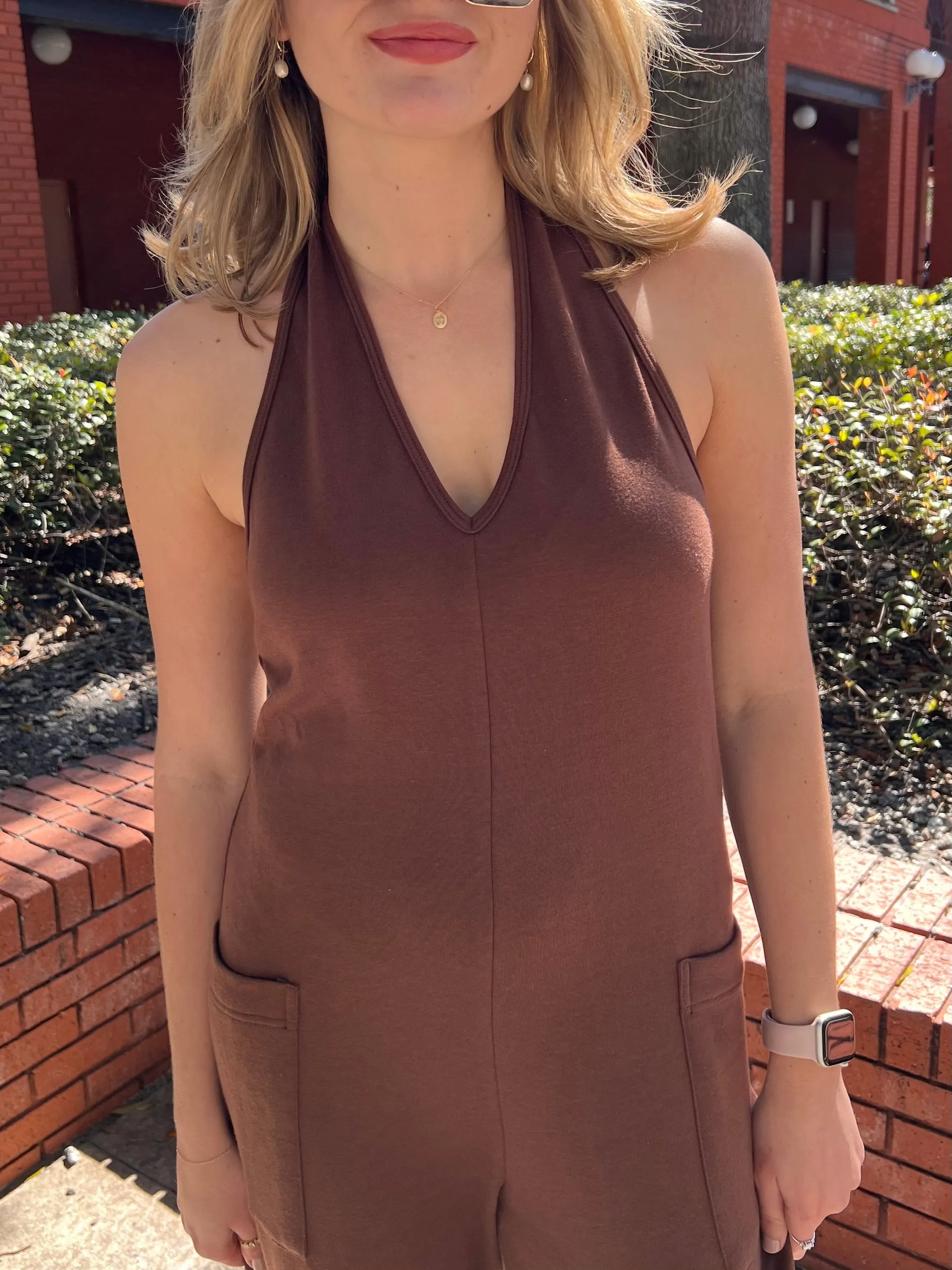 FRANKIE HALTER NECK JUMPSUIT IN COCOA