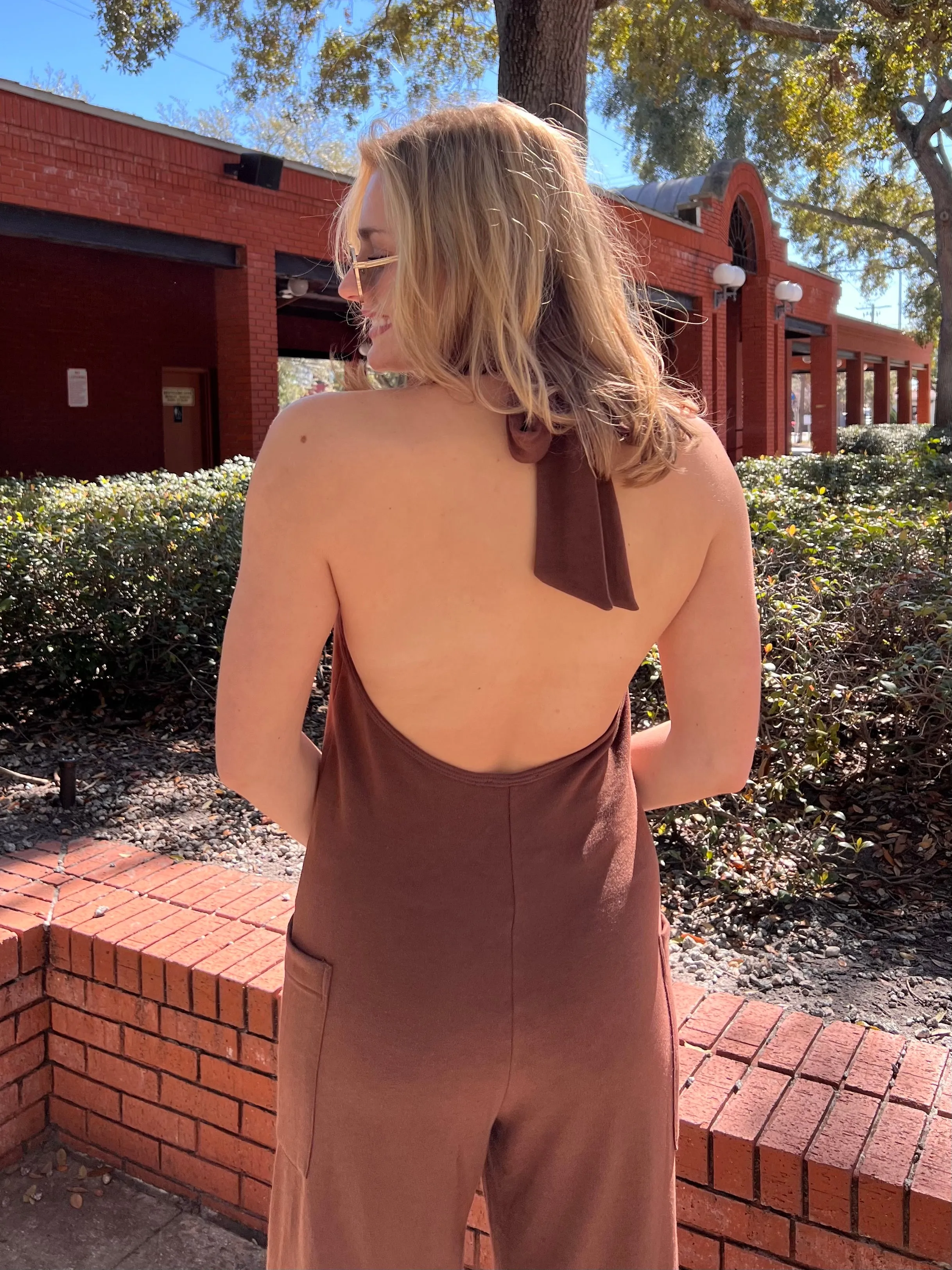 FRANKIE HALTER NECK JUMPSUIT IN COCOA