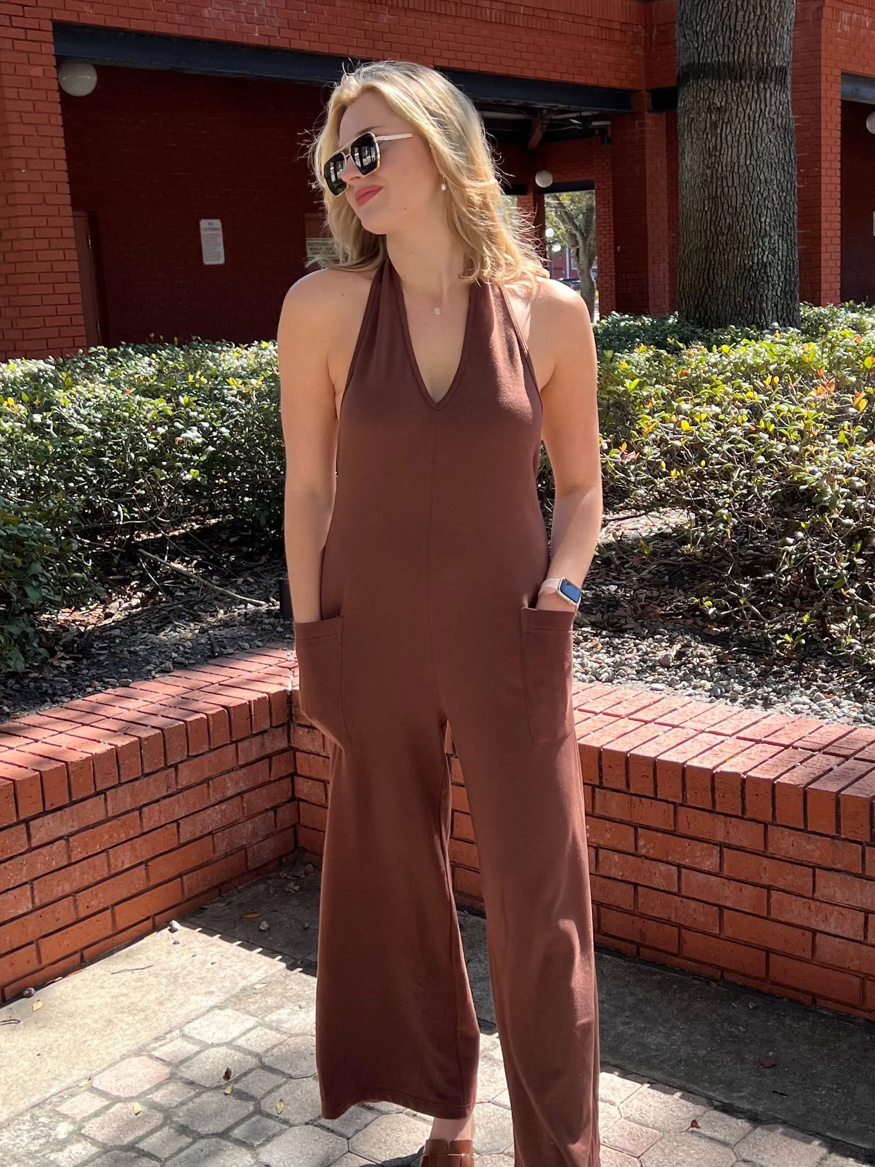 FRANKIE HALTER NECK JUMPSUIT IN COCOA