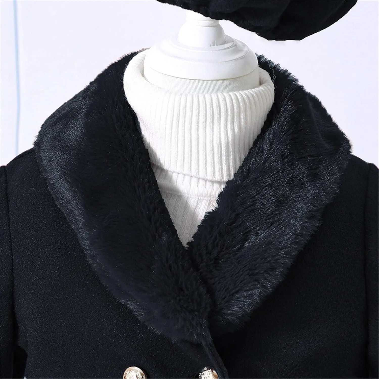 Girls Trench Coats Long Sleeve Furry Collar Warm Peacoat with Beret Hat Set for Casual Wear Toddler