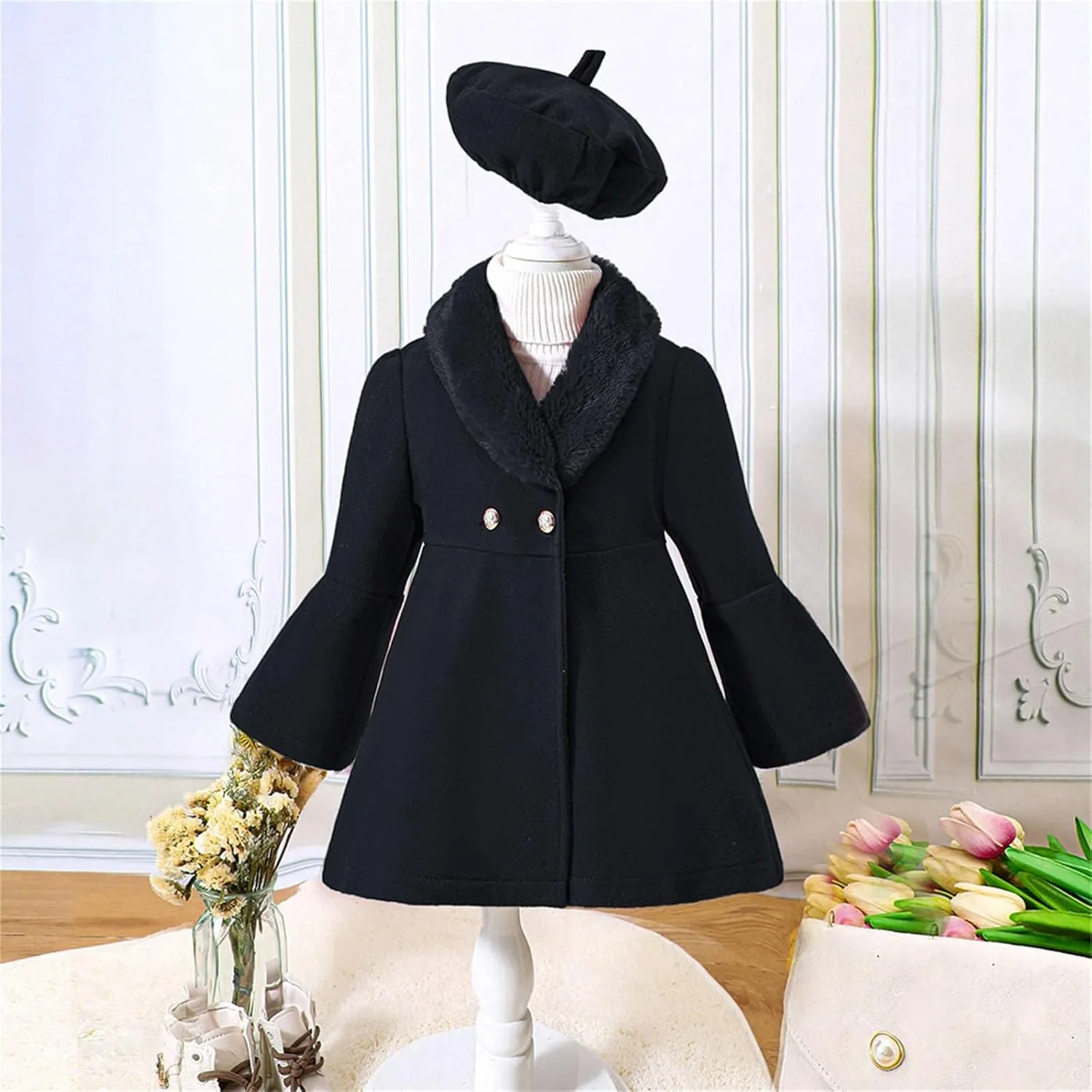 Girls Trench Coats Long Sleeve Furry Collar Warm Peacoat with Beret Hat Set for Casual Wear Toddler