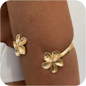 Gold Flower Arm Cuff for Women Minimalist Texured Floral Arm Cuff Upper Arm Boho Adjustable Blossom Armband Summer Beach Hawaiian Armlet Jewelry Accessories Gifts for Her