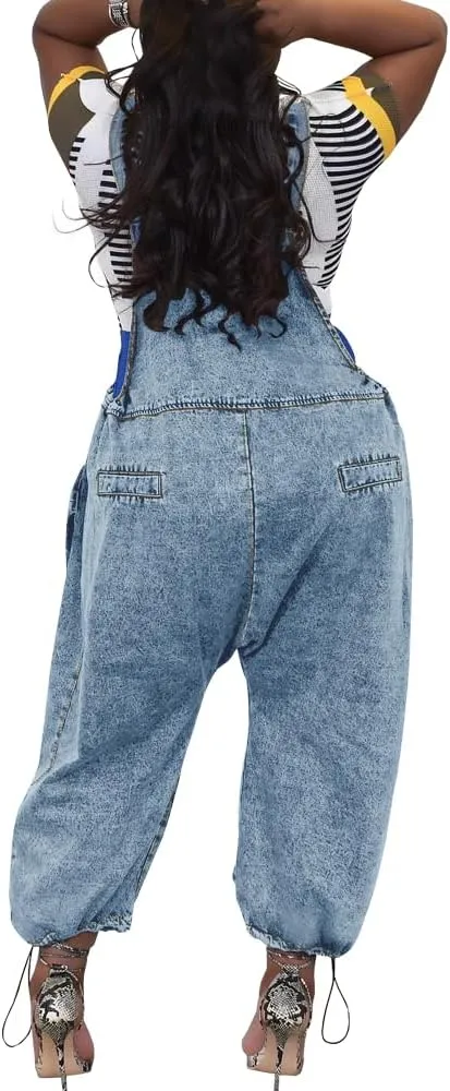 HTD Women's Bib Denim Overalls Loose Wide Leg Jean Jumpsuit With Cargo Pockets