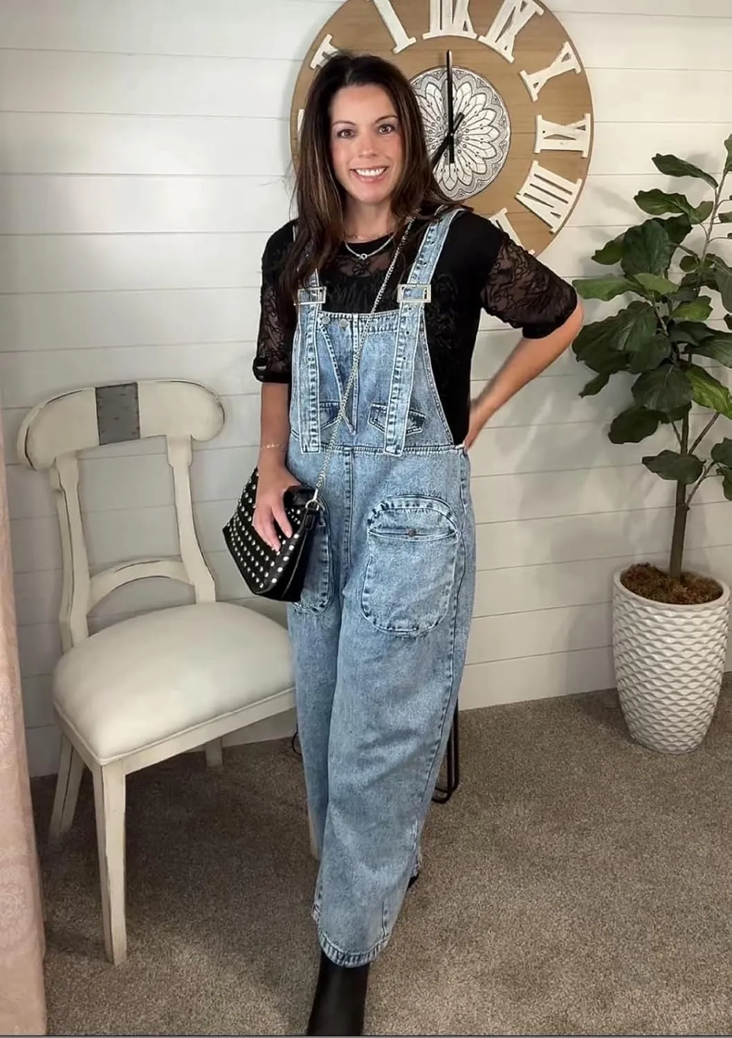 HTD Women's Bib Denim Overalls Loose Wide Leg Jean Jumpsuit With Cargo Pockets