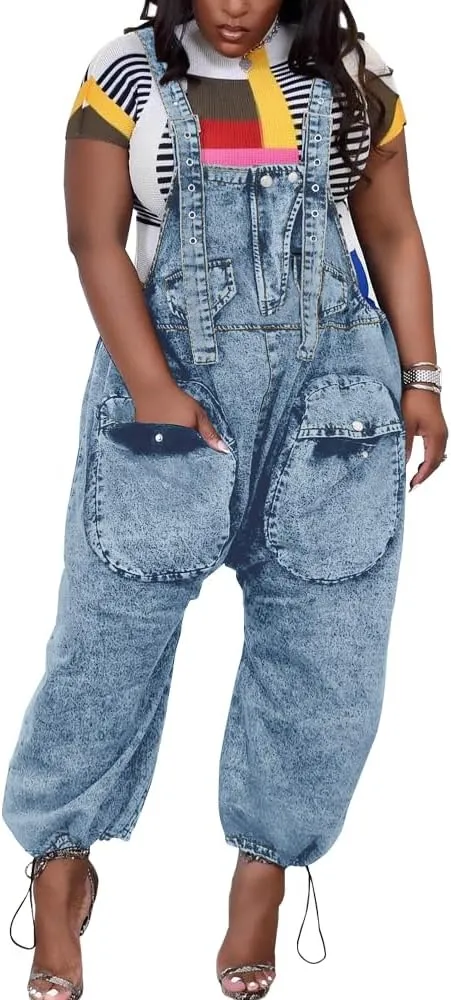HTD Women's Bib Denim Overalls Loose Wide Leg Jean Jumpsuit With Cargo Pockets