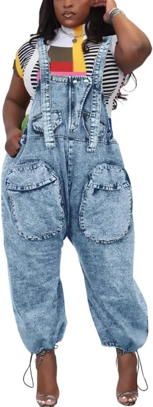 HTD Women's Bib Denim Overalls Loose Wide Leg Jean Jumpsuit With Cargo Pockets