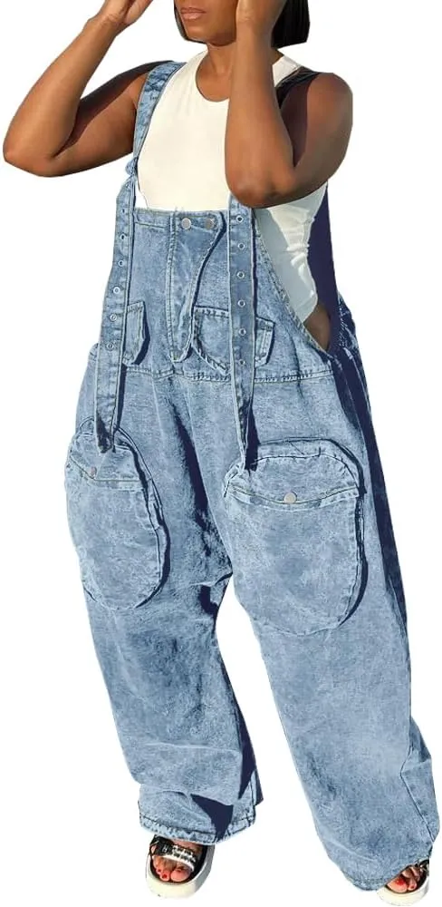 HTD Women's Bib Denim Overalls Loose Wide Leg Jean Jumpsuit With Cargo Pockets