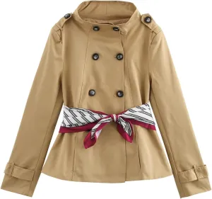 KEOMUD Women's Spring Fall Double Breasted Cropped Trench Coat,Casual Elegant Short Trench Coat Jacket with Scarf