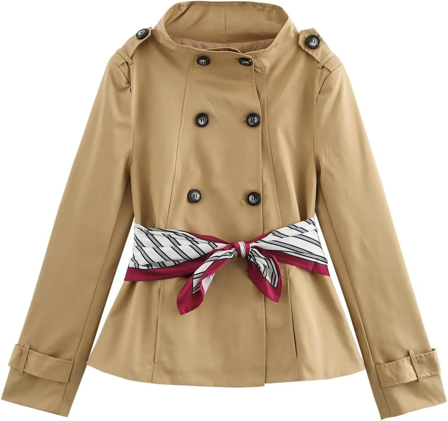 KEOMUD Women's Spring Fall Double Breasted Cropped Trench Coat,Casual Elegant Short Trench Coat Jacket with Scarf
