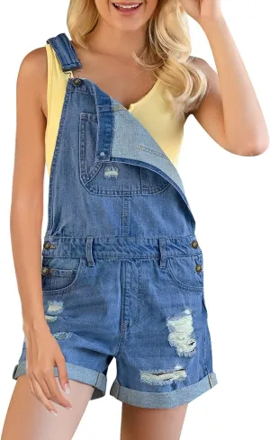 luvamia Women's Ripped Short Overalls Adjustable Denim Bib Overall Shorts Romper