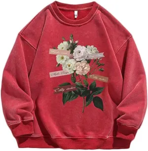 Mens Washed Sweatshirt Round Neck Pullover Vintage Printed Top