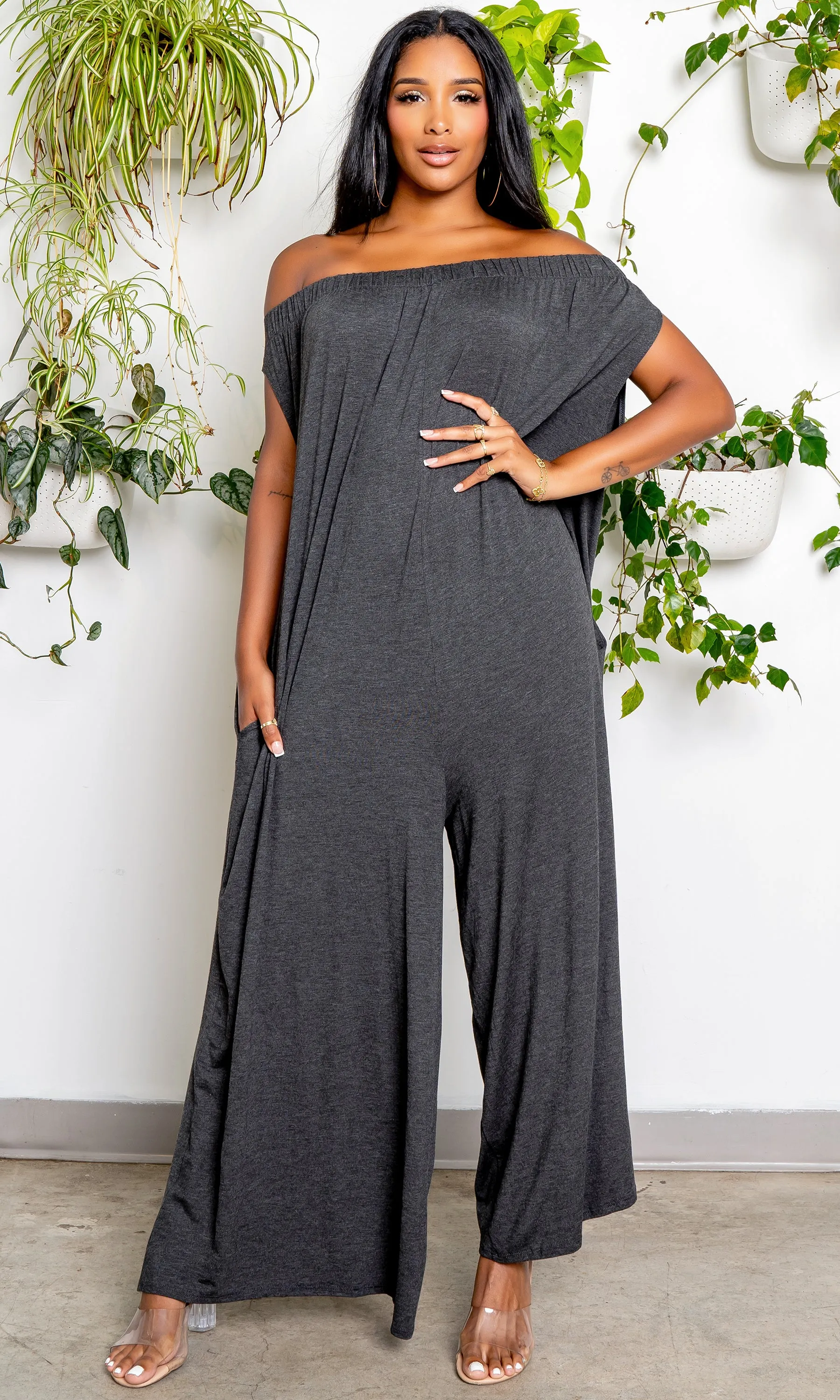 Off the Shoulder Harem Jumpsuit - Grey