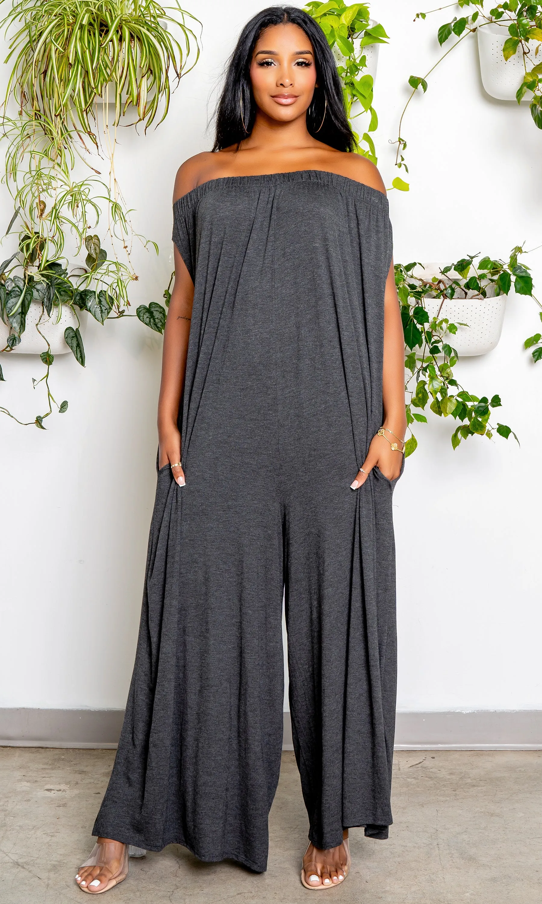 Off the Shoulder Harem Jumpsuit - Grey