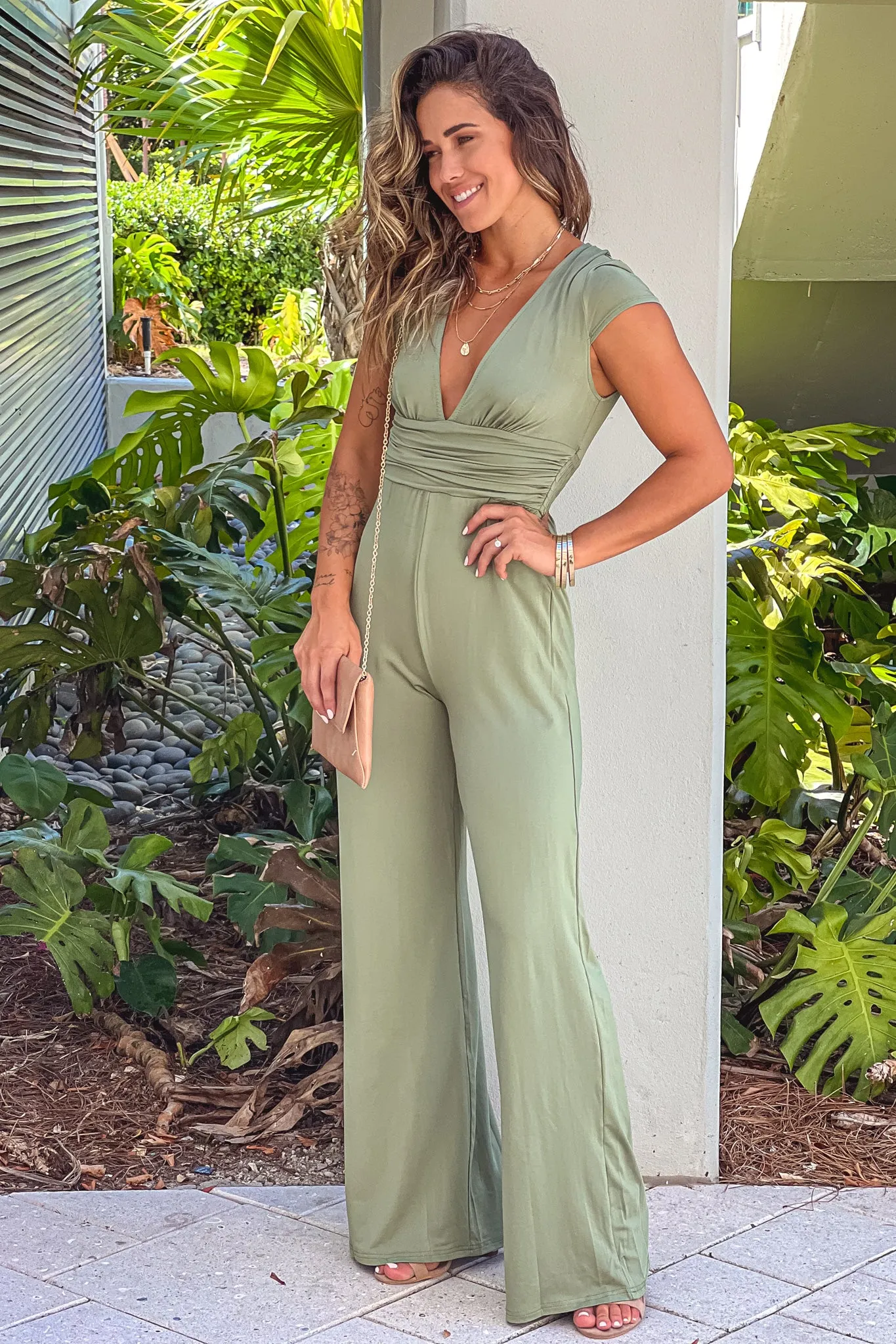 Olive V-Neck Jumpsuit With Short Sleeves