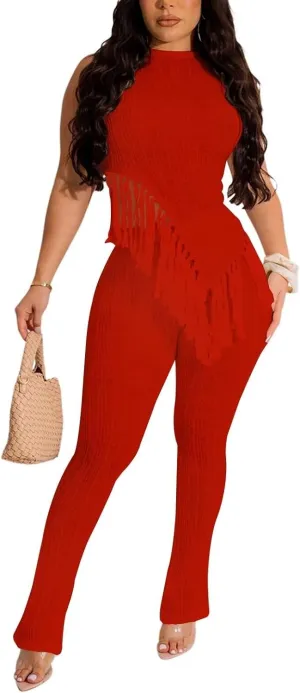 OLUOLIN Women's Two Piece Outfits Knit Sleeveless Fringed Hem Crop Tops Skinny Pants Sets Clubwear Y2K Tracksuits