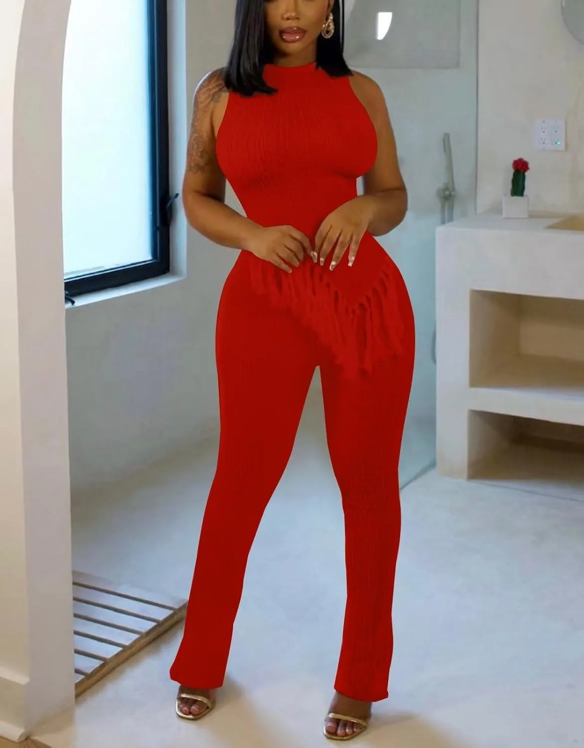 OLUOLIN Women's Two Piece Outfits Knit Sleeveless Fringed Hem Crop Tops Skinny Pants Sets Clubwear Y2K Tracksuits