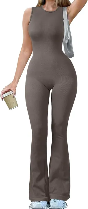 OQQ Women Yoga Jumpsuits Ribbed Crew Neck Sleeveless Bell Bottoms Flare Jumpsuits