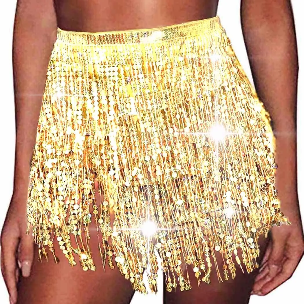 REETAN Fringe Sequin Skirt Belly Dance Sparkly Tassel Skirts for Women