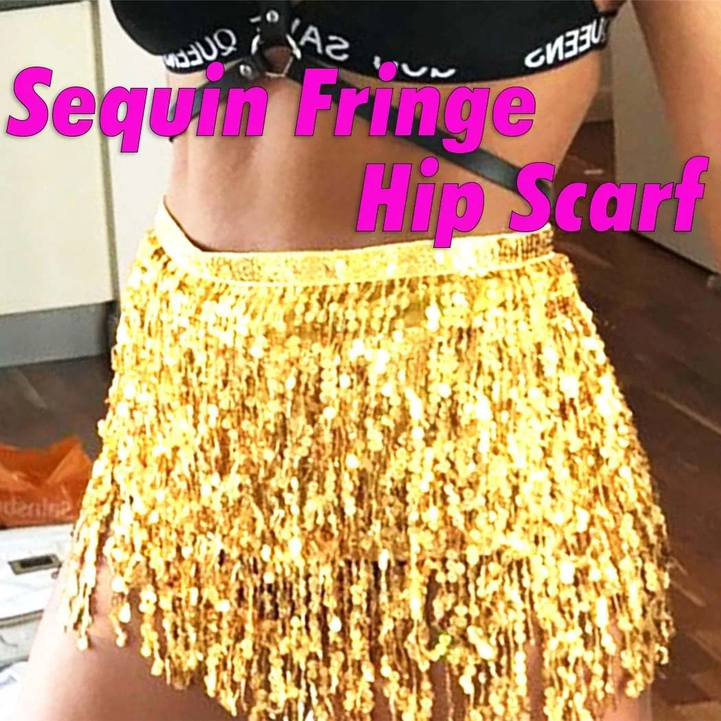 REETAN Fringe Sequin Skirt Belly Dance Sparkly Tassel Skirts for Women
