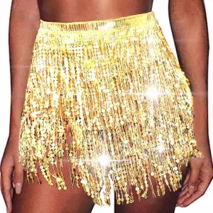 REETAN Fringe Sequin Skirt Belly Dance Sparkly Tassel Skirts for Women