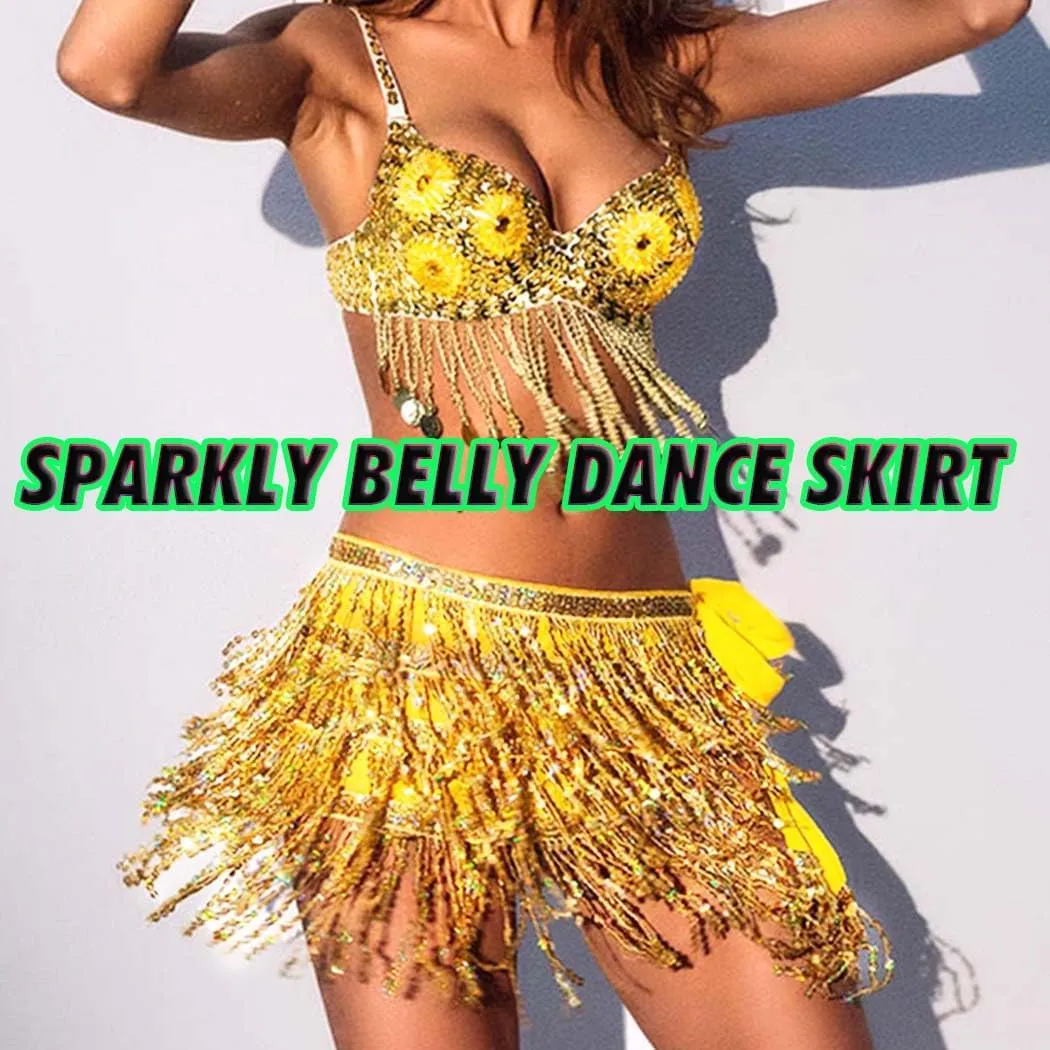 REETAN Fringe Sequin Skirt Belly Dance Sparkly Tassel Skirts for Women