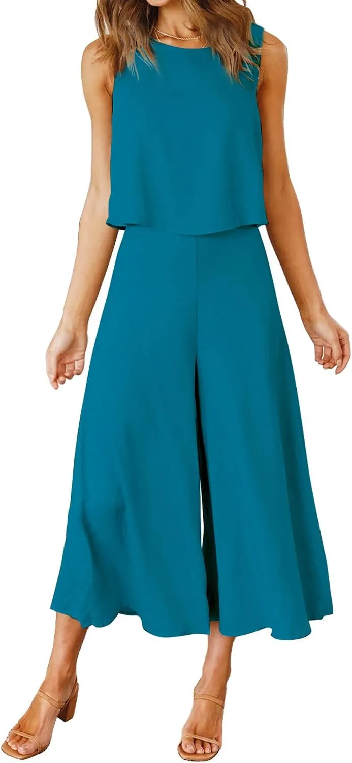 ROYLAMP Women's Summer 2 Piece Outfits Round Neck Crop Basic Top Cropped Wide Leg Pants Set Jumpsuits