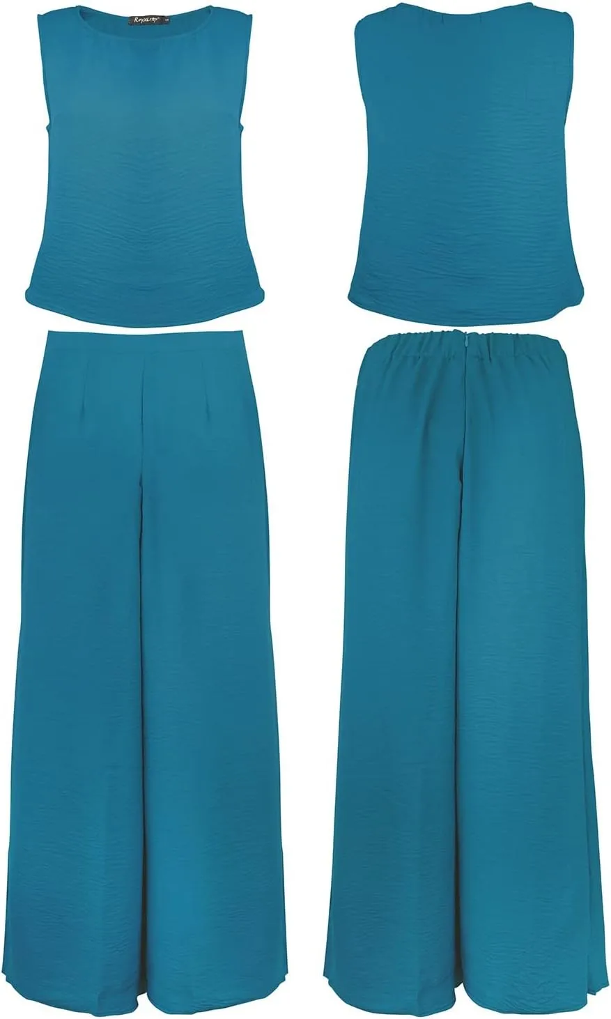 ROYLAMP Women's Summer 2 Piece Outfits Round Neck Crop Basic Top Cropped Wide Leg Pants Set Jumpsuits