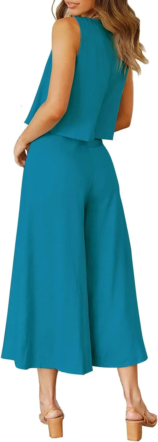 ROYLAMP Women's Summer 2 Piece Outfits Round Neck Crop Basic Top Cropped Wide Leg Pants Set Jumpsuits