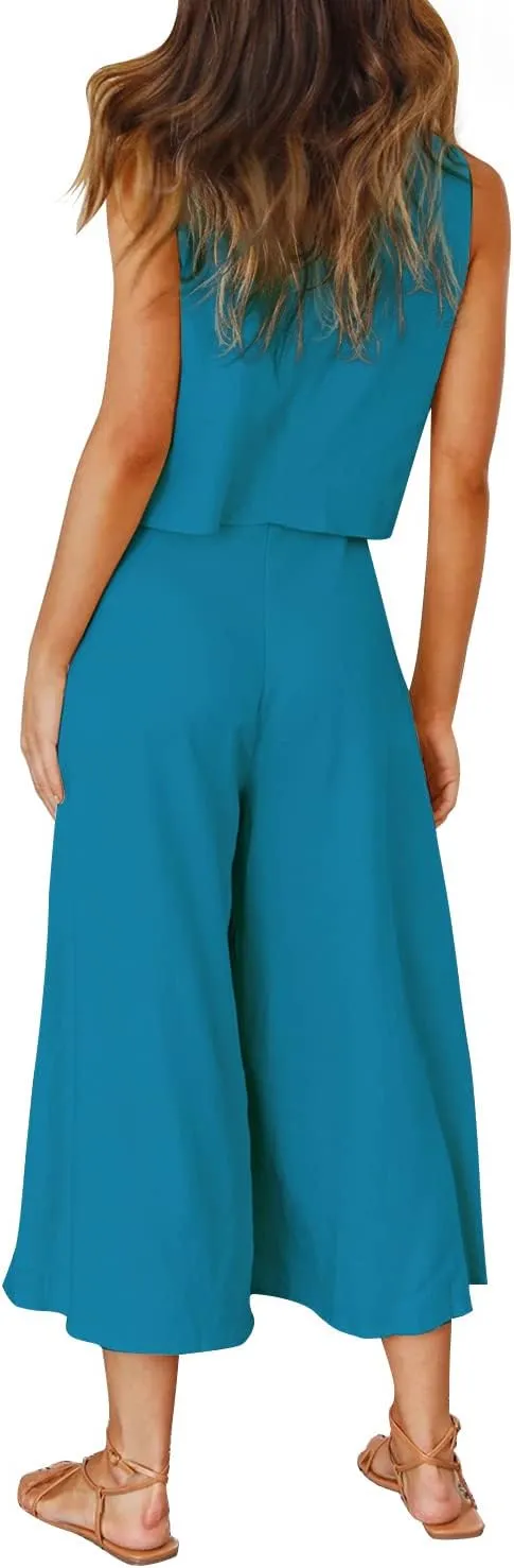 ROYLAMP Women's Summer 2 Piece Outfits Round Neck Crop Basic Top Cropped Wide Leg Pants Set Jumpsuits